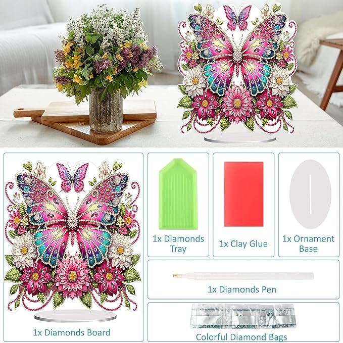 Diamond Painting Kits for Adults Beginners, 5D Full Drill Flowers and Butterfly Crystal Art Desktop Ornament, DIY Single Sided Home Office Desk Decor, Creative Craft Gift Set with Tools