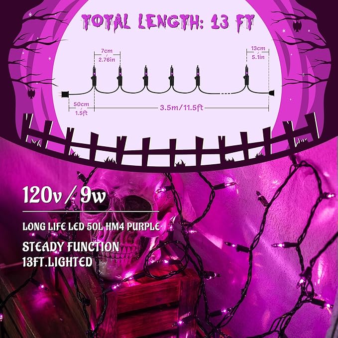 YOUNGAR Purple Halloween Lights, Clear Halloween Light Outdoor,13FT 50 UL Approved String Light with Black Wire,Incandescent Mini Waterproof Plug in for Indoor Tree Patio Garden Christmas Xmas Decor
