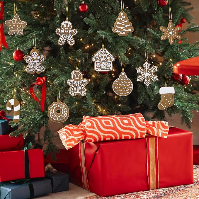 24pcs Christmas Gingerbread Man Ornaments, Assorted Gingerbread Figurines Decorations with Gingerbreads House Snowflake Ornaments for Xmas Tree Winter Crafts Holiday Home Party Decor Indoor