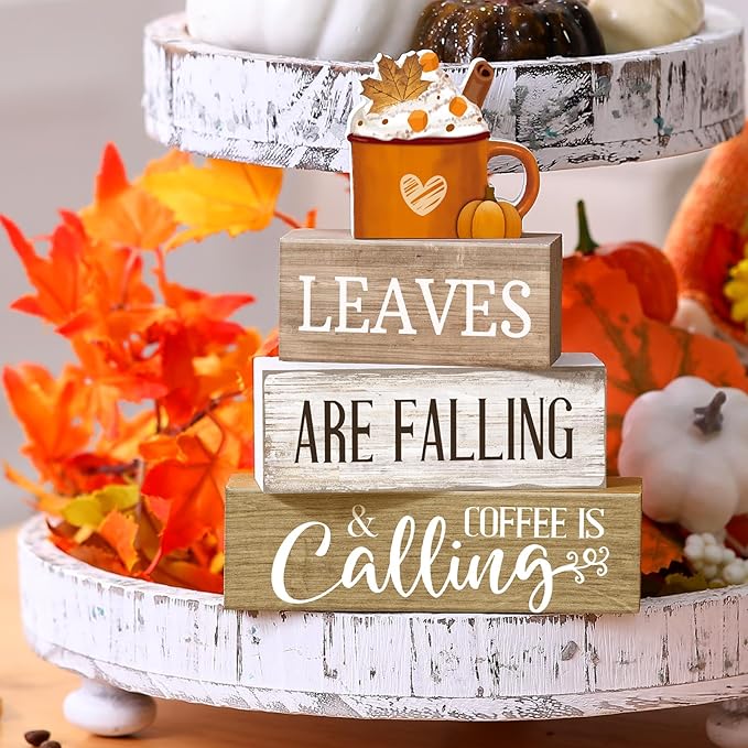 4 Pcs Fall Decorations for Home Thanksgiving Tiered Tray Decor Fall Tabletop Decor Thanksgiving Centerpiece Rustic Wood Hot Cocoa Cup Block Sign for Autumn Table Mantel Decorations