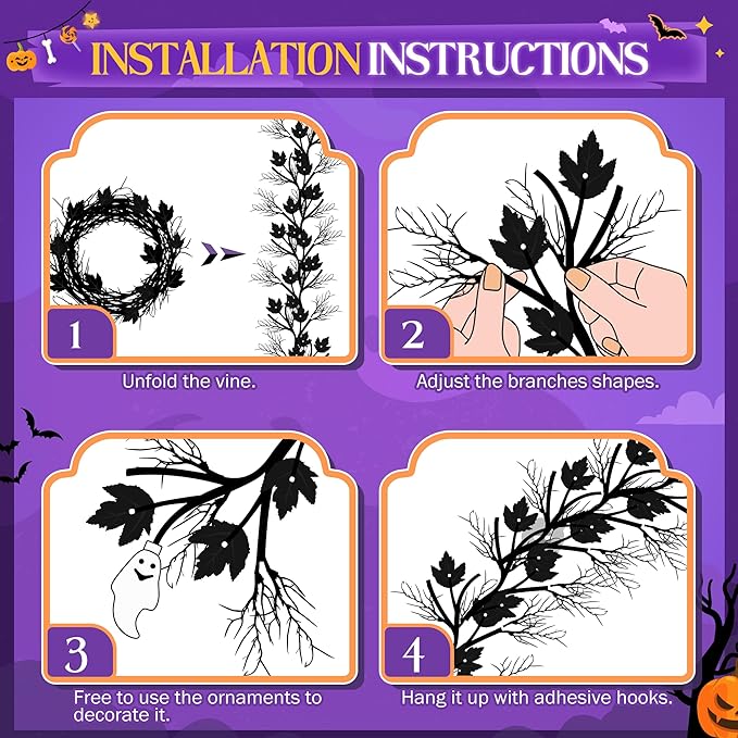 Halloween Lighted Willow Vine Twig Decoration, 6.56 FT Light up Garland Battery Operated with Purple LED Lights, 8 Modes and Timer, 12 Bat and Ghost Ornaments, 4 Adhesive Hooks