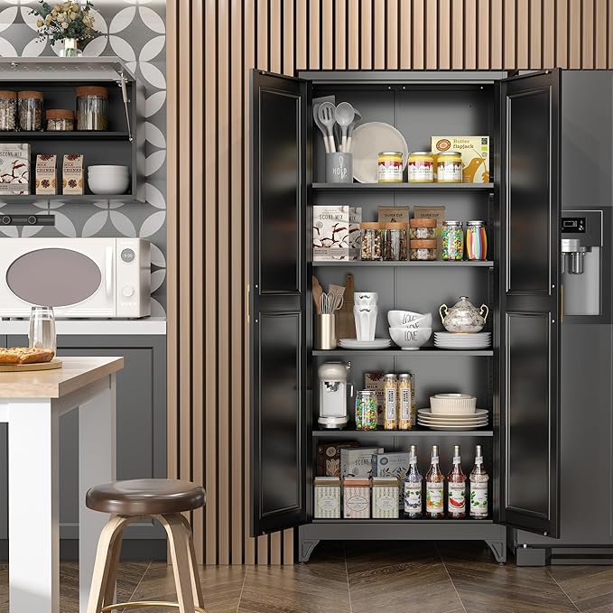 Kitchen Pantry Cabinet,75”Black Metal Storage Cabinets with Doors and 4 Adjustable Shelves,Kitchen Cabinet with 2 Gold Handles,Tall Cabinet for Livingroom, Bathroom