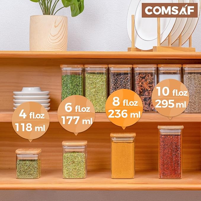 ComSaf Spice Jars with Labels 8 oz 16Pack, Small Spice Containers Starter Set, Glass Seasoning Jars with Lids, Square Seasoning Containers for Salt, Pepper, Chili Powder, Sugar, Loose Tea Storage