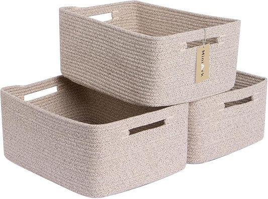 Large Storage Baskets for Shelves, Closet Organizers Bins for Clothes Blanket Towels, Baby Nursery, Toy Baskets Box, Woven Rope Baskets, 17 x 13 x 7.5”, 3 Packs Mixed Brown