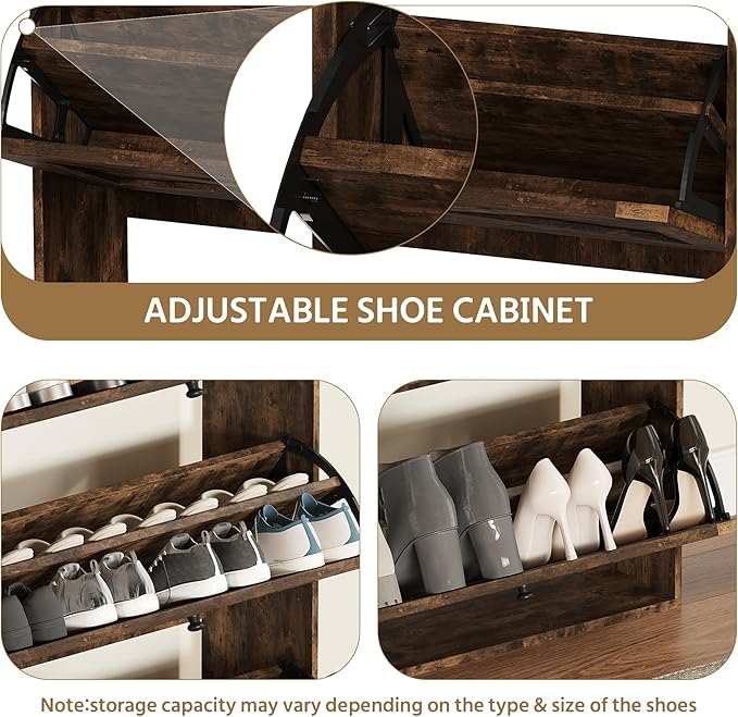 Shoe Cabinet Set 2 with 3 Flip Drawers, Narrow Shoe Cabinet with 9 Hooks Coat Rack, Freestanding Shoes Storage Cabinets with Adjustable Shelves for Entryway, Hallway, Living Room, Rustic Brown