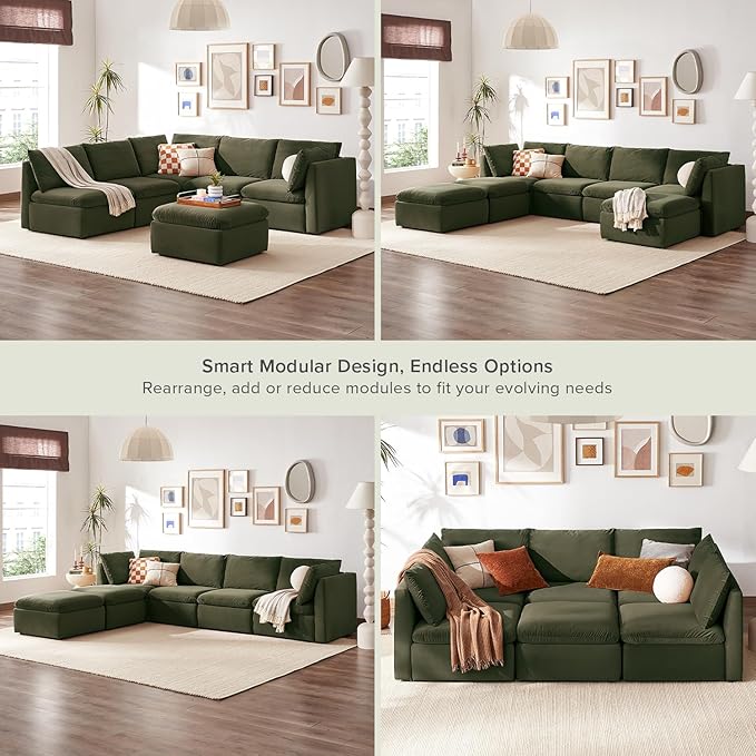 mopio Oversized Modular Sectional Sofa with Fully Removable Covers and Storage, Convertible U, L-Shaped and Sleeper Sectional, Modern Couches with Ottoman Chaise (Olive Green Velvet, 6 Seats, L)