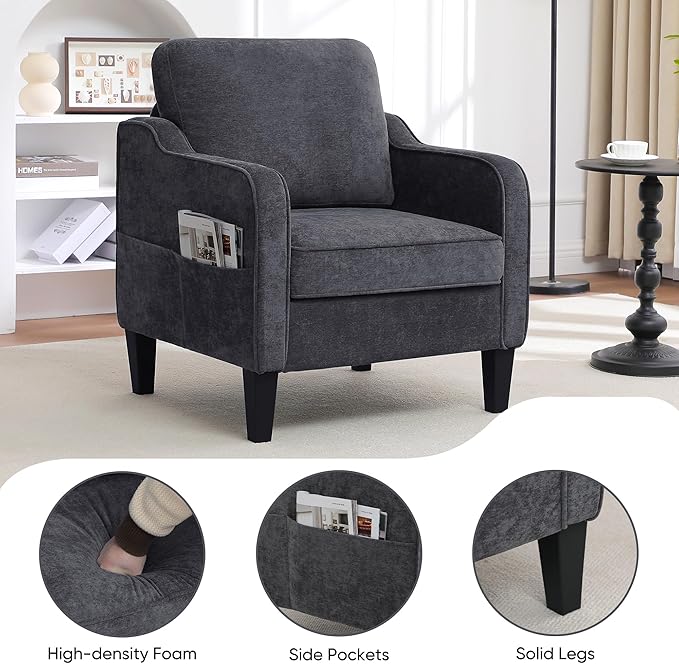 Accent Chair for Living Room, Mid Century Modern Reading Chair for Bedroom, Upholstered Armchair with Side Pockets, Comfy Single Sofa Side Chair for Office, Apartment, Small Room, Dark Grey