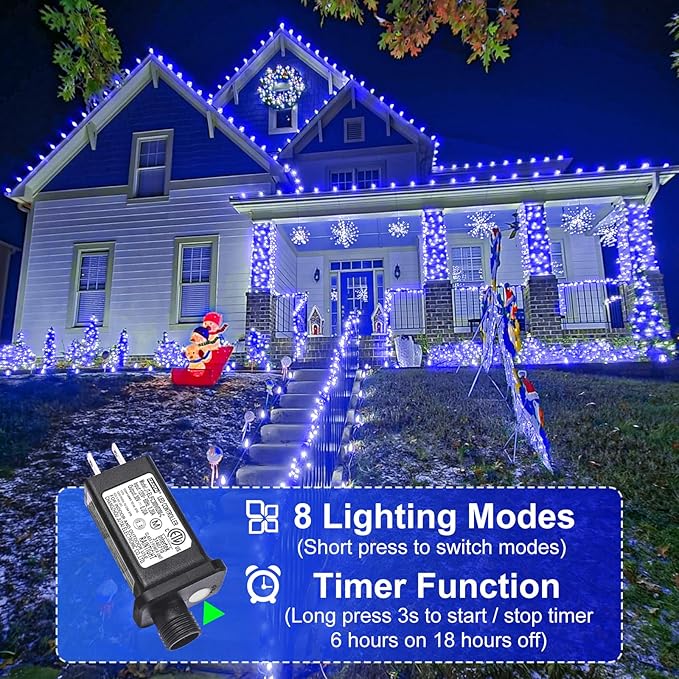 2 Pack Christmas Lights Outdoor, Total 200FT 600LED Christmas Tree Lights with 8 Modes Waterproof, Green Wire String Twinkle Lights for Indoor Home Garden Xmas Party Holiday Decorations, Blue