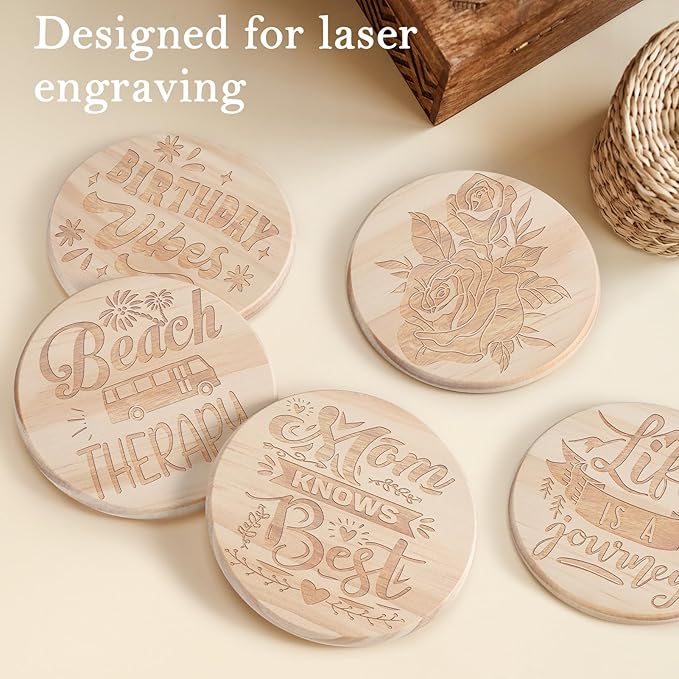 48 Pieces Unfinished Wood Coasters, GOH DODD 4 Inch Wooden Blanks with Non-Slip Pads for Laser Engraving Wood Burning Staining Painting Decoupage Housewarming Gifts Wedding Crafts Education, Round