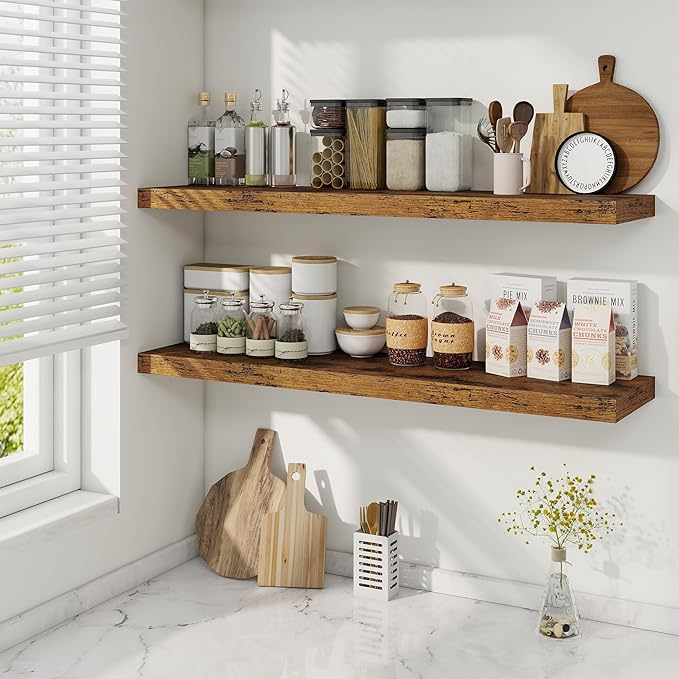 Fun Memories 40" Rustic Wood Floating Shelves with Invisible Brackets for Storage & Decor, Deep Wall Mounted Shelves for Bathroom, Kitchen, Living Room (Brown,Set of 2)