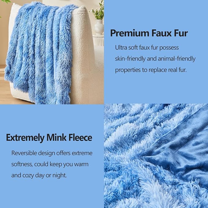 GONAAP Fuzzy Faux Fur Throw Blanket Twin Size Indigo Super Soft Cozy Plush Fuzzy Shaggy Blanket for Couch Sofa Bed (Indigo, Twin(60"x80"))