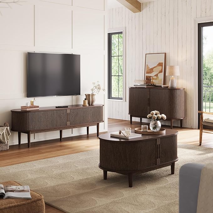 LINSY HOME Fluted TV Stand for 75" TV, Mid-Century Modern 70" Entertainment Center with Sliding Tambour Door and Storage Cabinet, Cruved TV Media Console Table for Living Room, Bedroom, Walnut