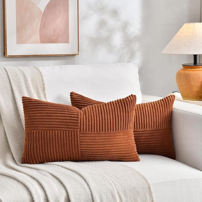Fancy Homi 2 Packs Rust Long Lumbar Decorative Throw Pillow Covers 12x24 Inch for Couch Bed Sofa, Farmhouse Boho Home Decor, Soft Corduroy Patchwork Rectangle Terracotta Cushion Case 30x60 cm