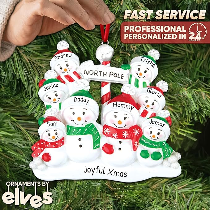 3D Frosty Snowman Family of 8 Christmas Ornament 2025 Personalized Family Christmas Ornaments 2025 | Winter Holiday Snowmen Personalized Tree Ornaments Customizable Gifts Snow People of Eight Ornament