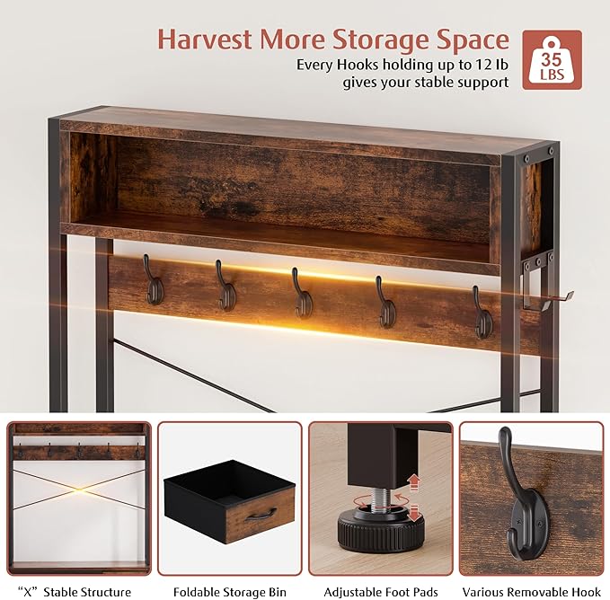 Lulive Hall Tree with Bench and Shoe Storage, 31.5" Coat Rack Freestanding with 2-Tier Storage Shelf, 6-in-1 Entryway Bench Coat Rack with 12 Hooks and 3 Drawers(Rustic Brown)