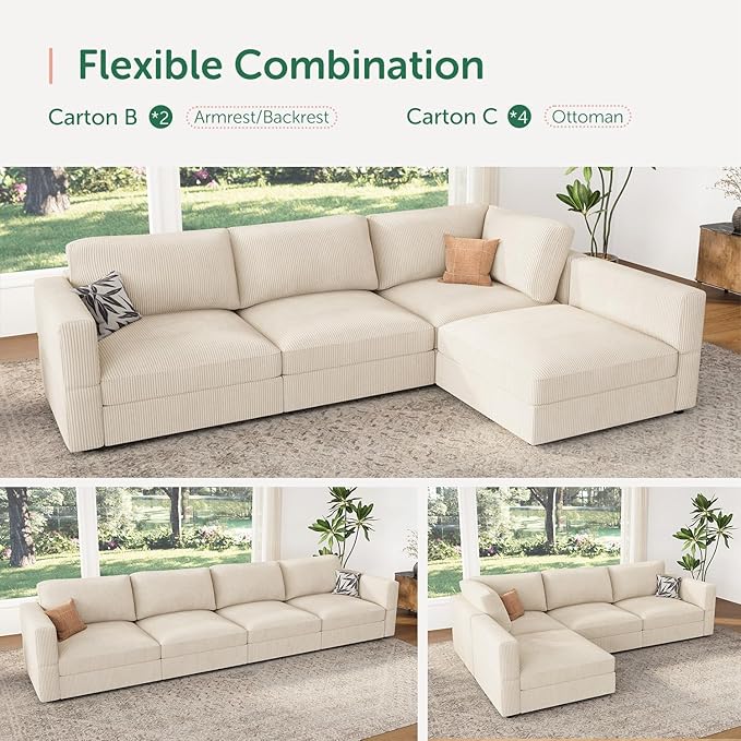 HONBAY Modular Sectional Couches with Storage Corduroy Sleeper Sofa Modular Sectional Couches for Living Room,Beige