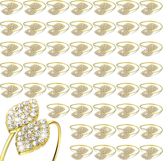 Hotop 100 Pcs Napkin Rings Gold Table Decorations, Elegant Bling Leaves Napkin Rings, Rhinestone Guest Towels Buckle for Wedding Gold Party, Dinner Banquet Table Decoration
