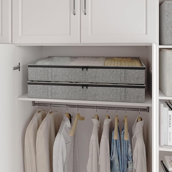 Gray Low Profile Under Bed Storage Containers 5 inches high, 33.8"x 17.7"x 5.1", Sturdy Underbed Shoe Storage Organizer, Foldable Fabric Under the Bed Storage Bins - Pack of 2