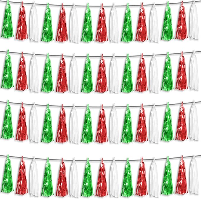 4P Red Green White Foil Fringe Metallic Tassel Streamers Banner Tassel Garland for Parade Floats, Graduation, Wedding, Birthday, Halloween, Christmas, Mexican Italian Birthday Party Decorations