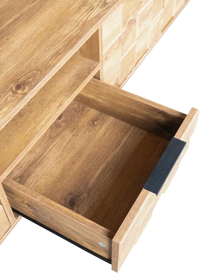 Modern TV Stand for TVs up to 85", Mid-Century Media Console with Checkered Cabinet Doors, Storage Drawers & Open Shelves, Wood Entertainment Center with Metal Legs