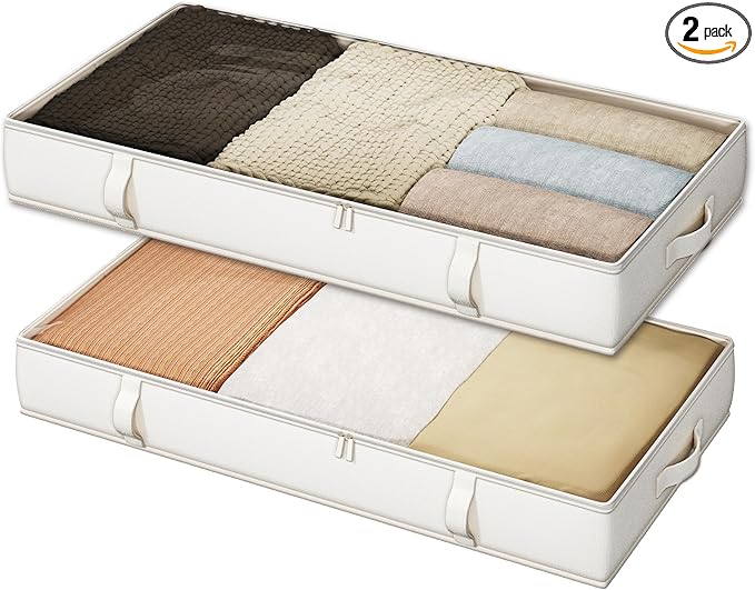 Vailando Under Bed Storage Containers, Underbed Storage Bins with 6 Inches Tall, Clothes Storage Box with Sturdy Handles and Sidewalls, Beige, 2-Pack