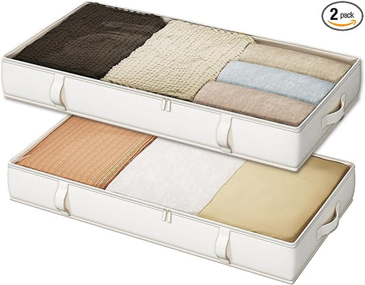 Vailando Under Bed Storage Containers, Underbed Storage Bins with 6 Inches Tall, Clothes Storage Box with Sturdy Handles and Sidewalls, Beige, 2-Pack