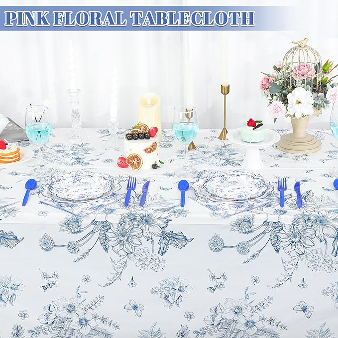3 Pack Blue Floral Plastic Tablecloths, 54 X 108Inch Tea Party Tablecloth Disposable Vintage Table Cloths Blue and White Porcelain Tables Decor for Birthday Garden Wedding Tea Party Supplies