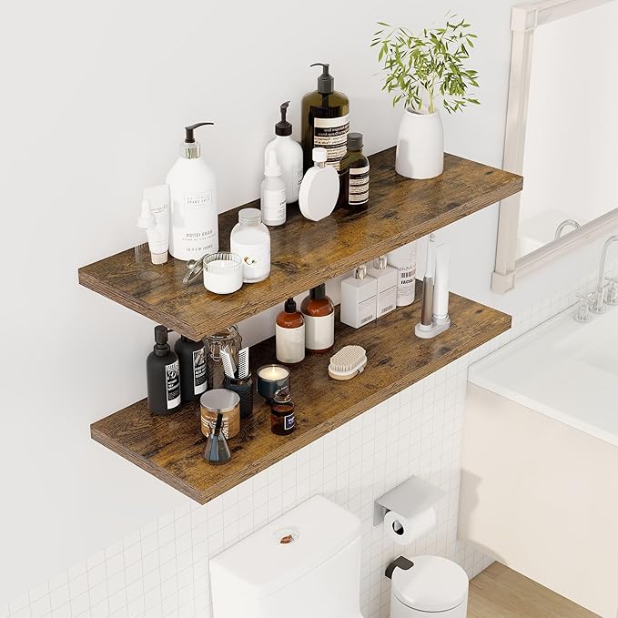 40" Floating Shelves for Wall, 12" Deep Slim Rustic Brown Floating Shelves, Wall-Mounted Shelves for Bedroom, Living Room, Kitchen, Bathroom - Set of 2