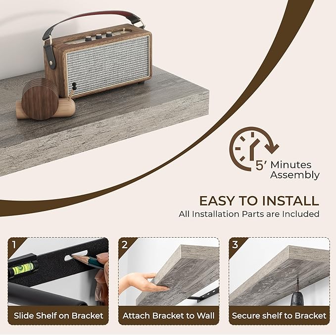 RICHFOCUS 40Inch Floating Shelves for Wall 2 Pack Shelves for Bedroom|Kitchen|Bathroom Wall Mounted Rustic Wood Floating Shelf with Invisible Brackets for Books|Storage|Decor, Grey