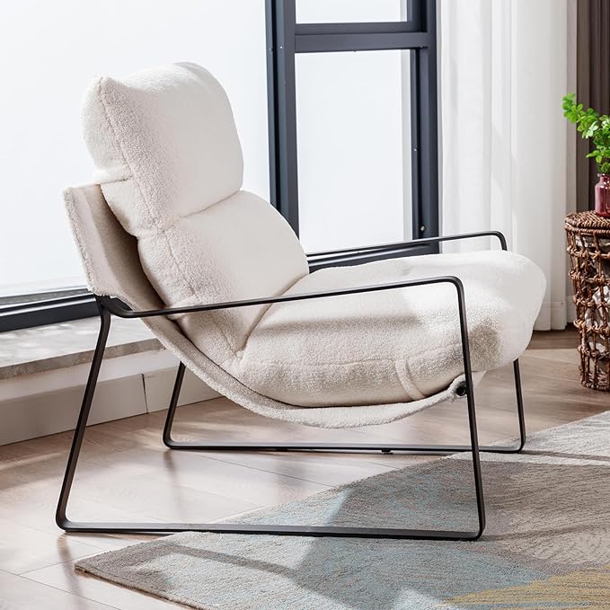 DUOMAY Modern White Sherpa Accent Chair, Comfy Lounge Lazy Chair with Metal Leg, Mid-Century Corner Arm Chair for Living Room Bedroom Office Apartment