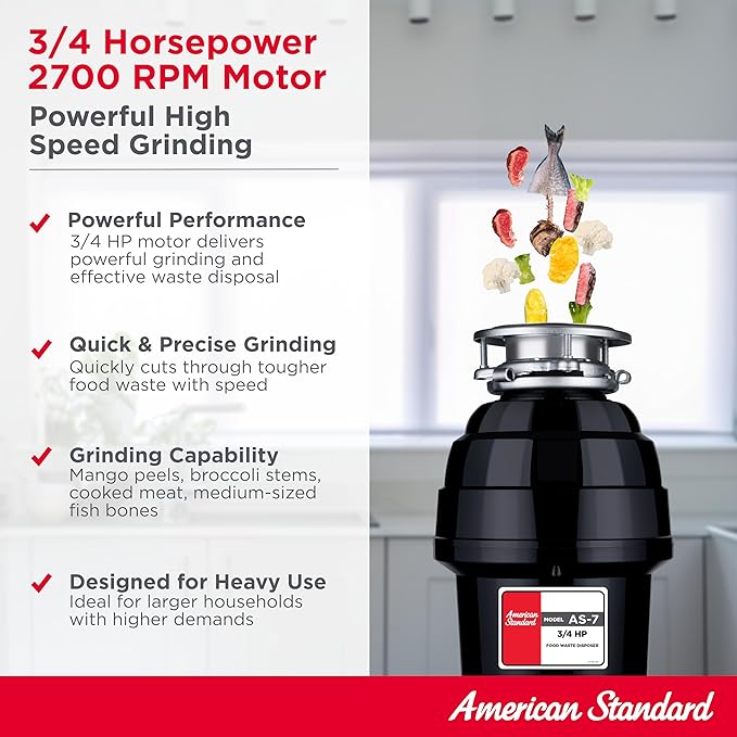 American Standard 10-US-AS-7 Garbage Disposal Anti-Jam Stainless Steel Food Waste Grinding System, Heavy Duty, 3/4 HP, Black