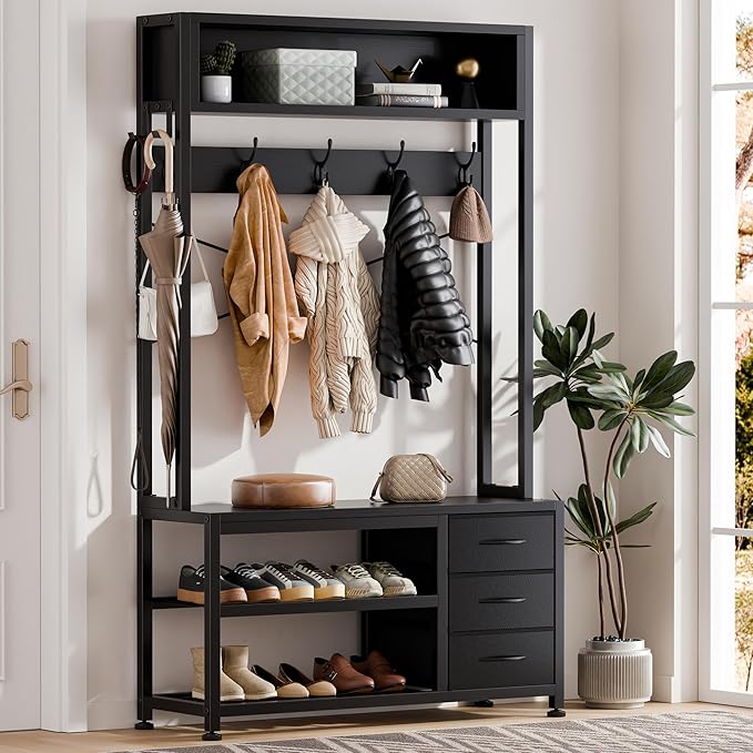 Lulive Hall Tree with Bench and Shoe Storage, 31.5" Coat Rack Freestanding with 2-Tier Storage Shelf, 6-in-1 Entryway Bench Coat Rack with 12 Hooks and 3 Drawers(Black)