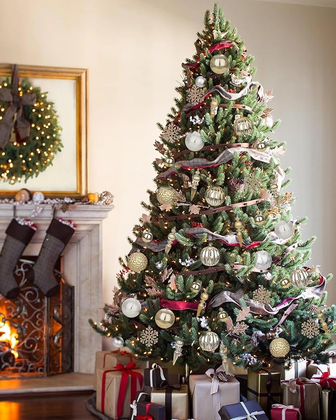 92ct Christmas Tree Decoration Set Christmas Ball Ornaments with Srtings Shatterproof Christmas Baubles for Christmas Holiday Wreath Garland Party Decoration, Gold-Silver