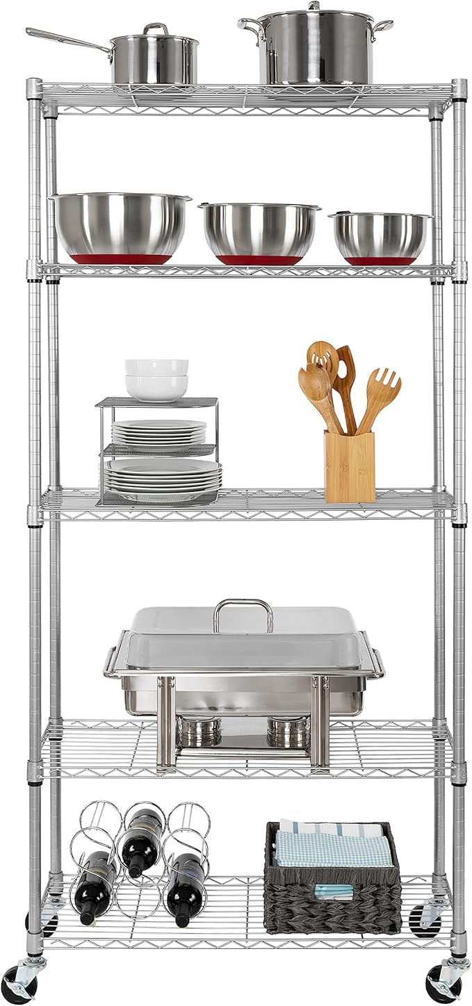 Seville Classics UltraDurable Heavy Duty NSF Solid Steel Wire Rack Storage Unit, Organizer for Garage, Warehouse, Office, Restaurant, Classroom, Kitchen, Silver, 5-Tier Shelving, 36" W x 14" D