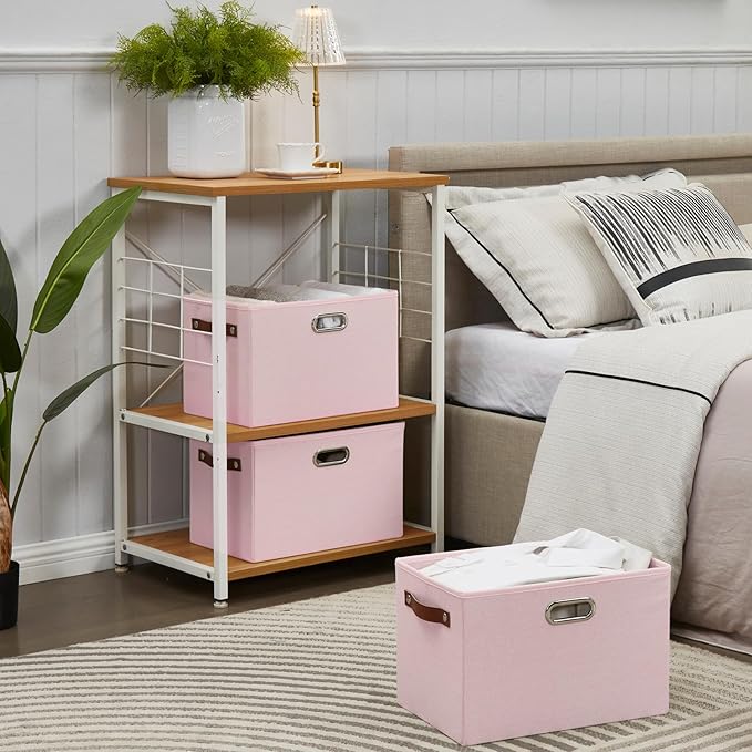 Large 3-Pack Foldable Fabric Storage Bins with Durable PU & Metal Handles, Collapsible Storage Baskets for Shelves, Home Storage, Closet Organizers, Living Room(14.9"x9.8"x9.8", Pink)