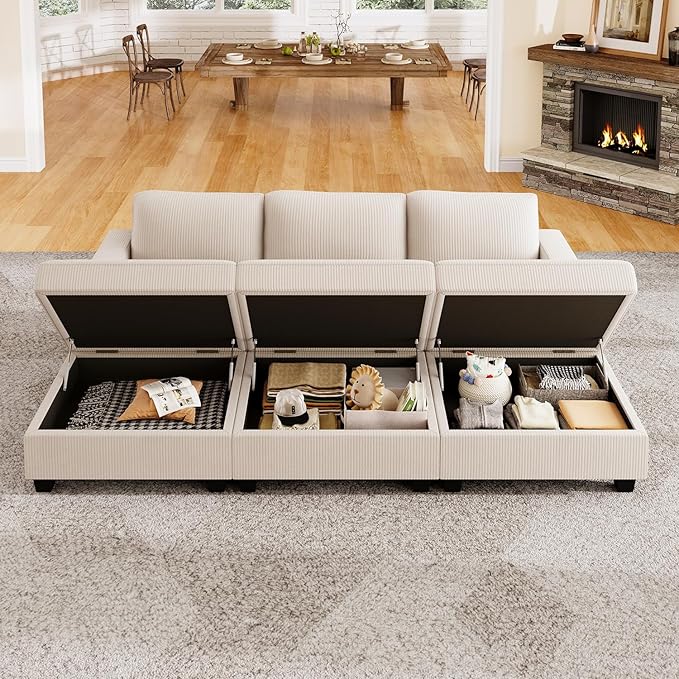 Nolany Corduroy Sectional Couch with Storage Ottoman, Sleeper Sectional Sofa with Chaise, Modular Sectional Couches for Living Room, Beige