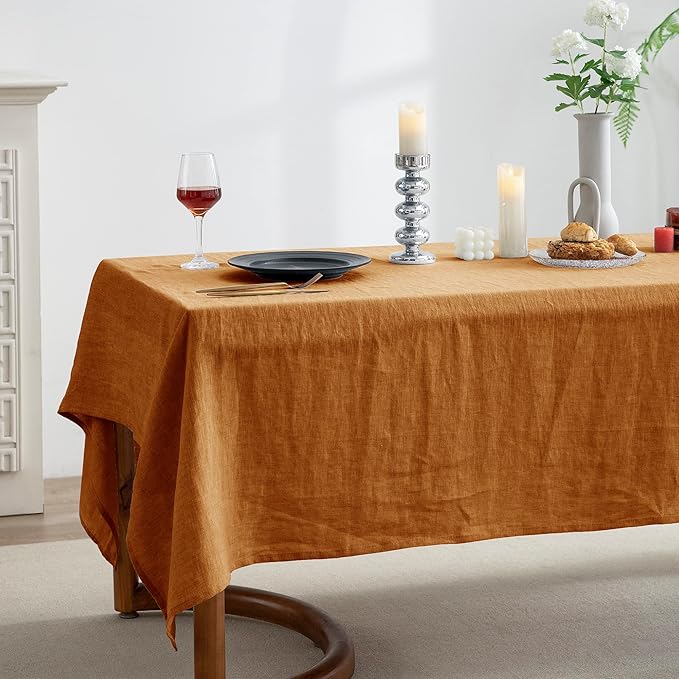 EVERLY 100% Pure Linen Rectangle Tablecloths 60x108Inches for Dining,Buffet Parties,Picnic,Events,Weddings and Restaurants,Decorative Halloween,Thanksgiving Machine Washable Tablecloths-Caramel