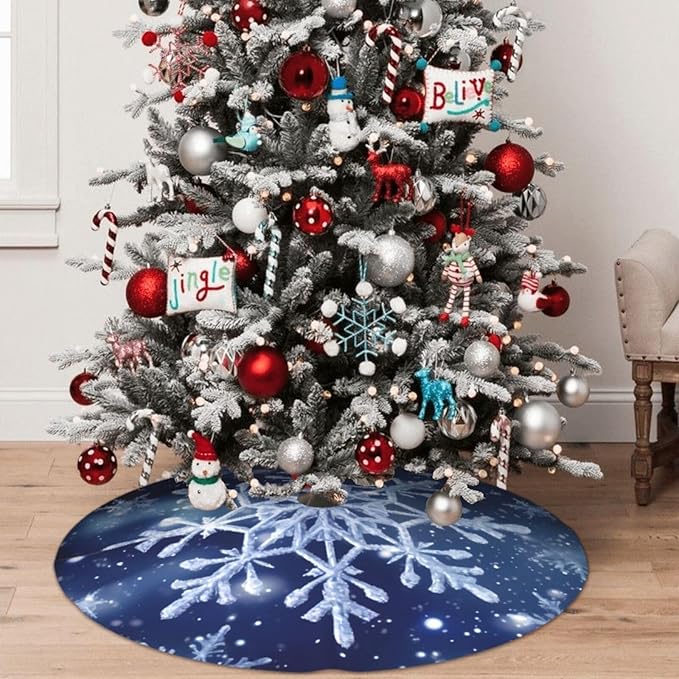 36" Blue Snowflakes Christmas Tree Skirt, Tree Mat Base Cover for Xmas Festive Holiday Party Decoration Ornaments