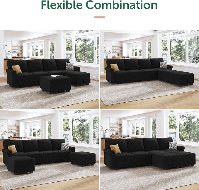 HONBAY Sectional Sofa with Storage Seat Velvet U Shaped Couch with Reversible Chaise Convertible Sectional Couches for Living Room,Black Velvet