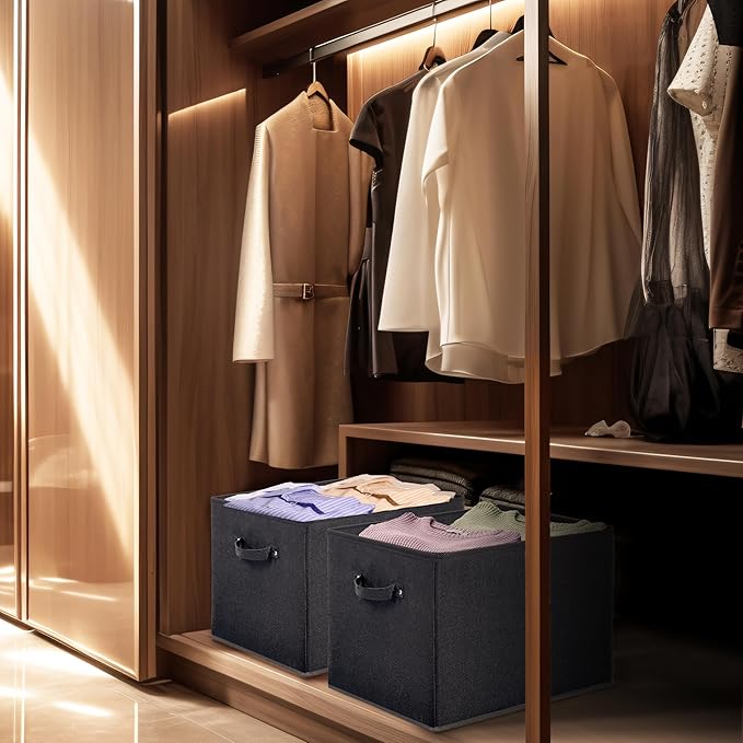 SIMPLE HOUSEWARE 15 x 13 Inch Collapsible Fabric Storage Bin with Handles, 2 Pack, Black