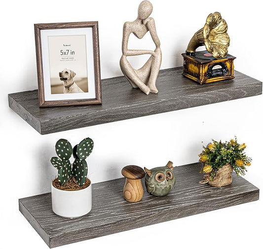 Fun Memories Floating Shelves for Wall, 24"x9.3" Rustic Solid Elm Wood Shelves, Heavy-Duty Wall Mounted Shelves with Invisible Brackets, Set of 2 for Living Room, Bedroom, Kitchen, Natural Finish