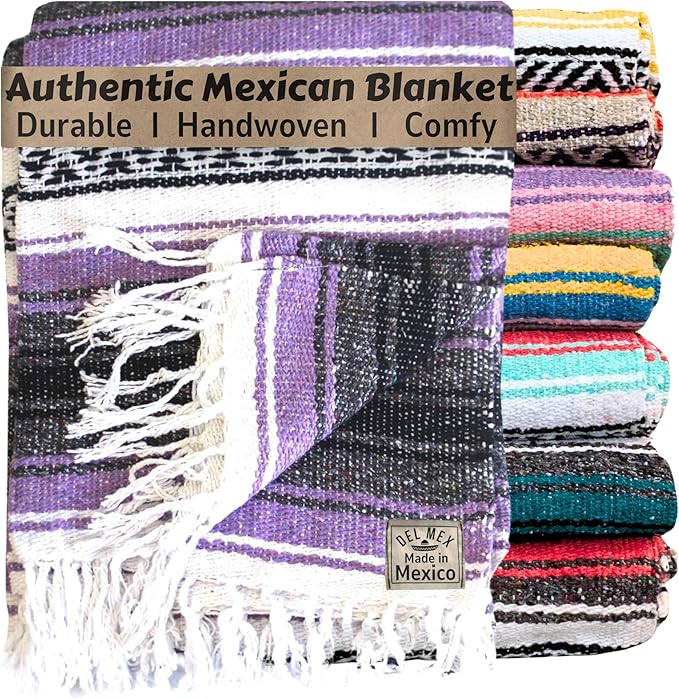 Del Mex Classic Mexican Blanket, Large Authentic Woven Falsa Throw (70"x50"), Artisan Southwest Décor for Beach, Yoga, Outdoors (Lavender)