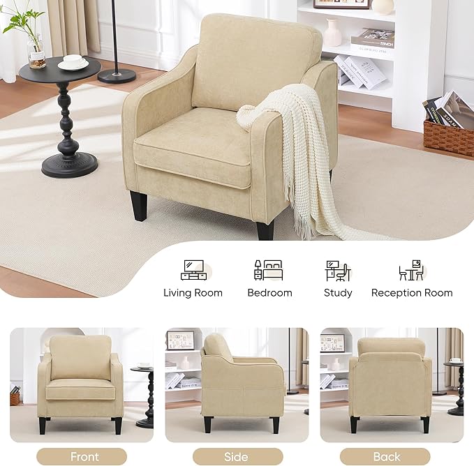Accent Chair for Living Room, Mid Century Modern Reading Chair for Bedroom, Upholstered Armchair with Side Pockets, Comfy Single Sofa Side Chair for Office, Apartment, Small Room, Light Brown