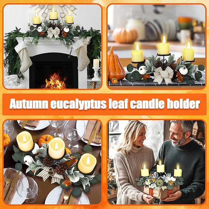 Fall Modern Farmhouse Table Centerpieces with 3 Wick Candle Holders Fall White Pumpkin Bow Candle Holders with Artificial Eucalyptus Leaves Autumn Lambs Ear Holly Berries and Striped Bow