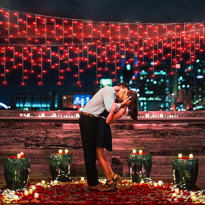 66ft Red Icicle Lights Indoor for Bedroom, 640 LED String Lights for Outside Clear Wire Connectable Twinkle Light with 8 Modes Timer Waterproof for Window Party Wedding Decorations