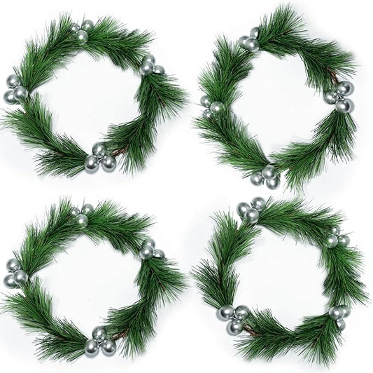4pcs Christmas Candle Rings Wreaths Artificial Silver Berries Greenery Pine Needles Garland Christmas Wreath Candle Rings Holder for Wedding Christmas Table Centerpiece Home Dinner Table Décor
