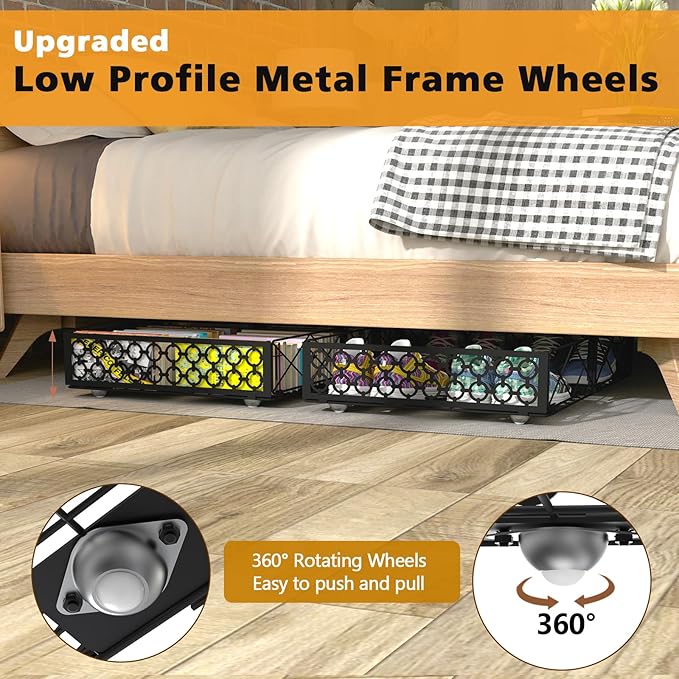 NADAMOO Large Under Bed Storage with Wheels, Low Profile Rolling Under Bed Storage Containers，Foldable Metal Under the Bed Organizer Bins for Bedroom，1 Pack