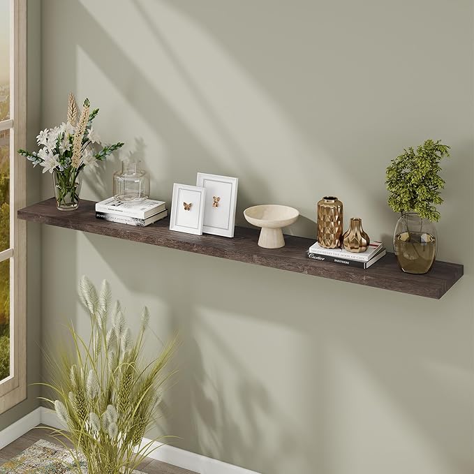 Fun Memories Floating Shelves for Wall, 72"x9.3" Rustic Solid Elm Wood Wall Shelves, Heavy-Duty Wall Mounted Shelves with Invisible Brackets, Set of 2 for Living Room, Bedroom, Kitchen, Walnut Finish