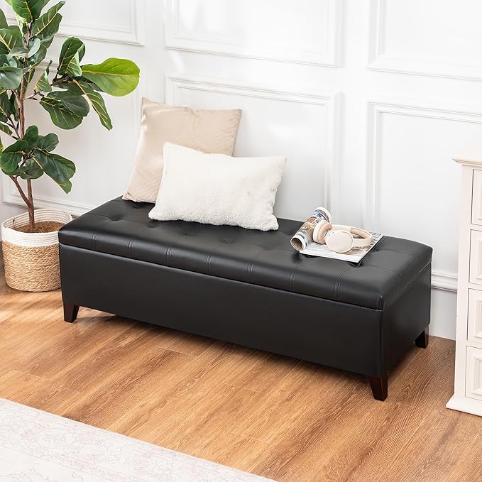 Joveco Storage Ottoman Bench, 51 Inch Leather Tufted Upholstered Bench for End Foot of Bed, Bedroom, Living Room, Black