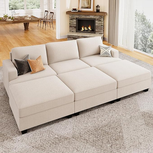 Nolany Corduroy Sectional Couch with Storage Ottoman, Sleeper Sectional Sofa with Chaise, Modular Sectional Couches for Living Room, Beige